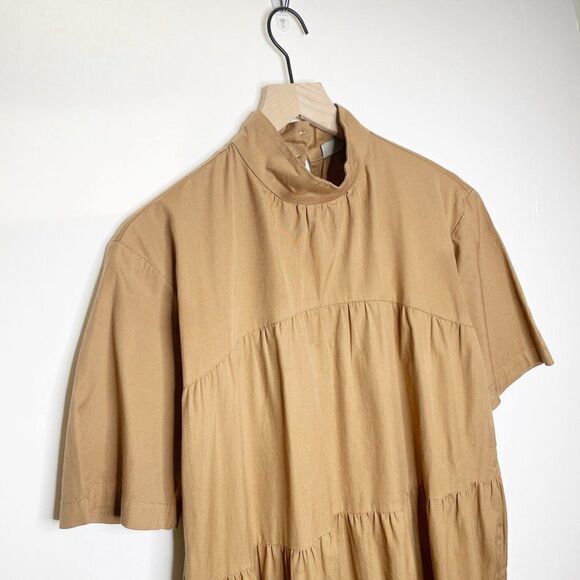 Everlane The Tiered Midi Dress Cotton Mock Neck Short Sleeve Tan XS - Picture 3 of 7